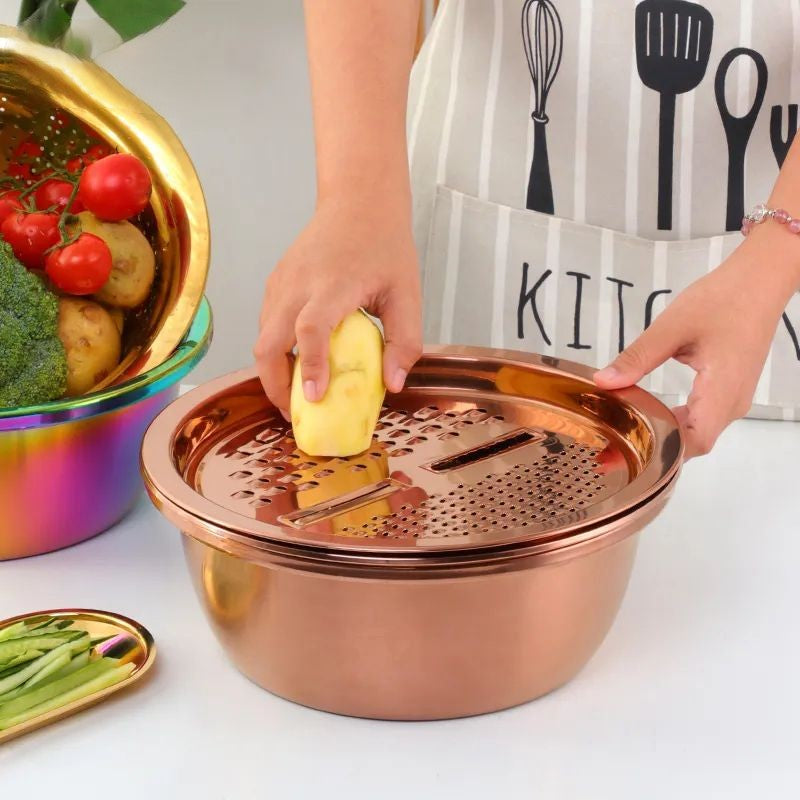 Anygleam Gold Stainless Steel Basket Strainer Bowl with Vegetable Cutter Slicer for Buffet and Restaurant Kitchenware