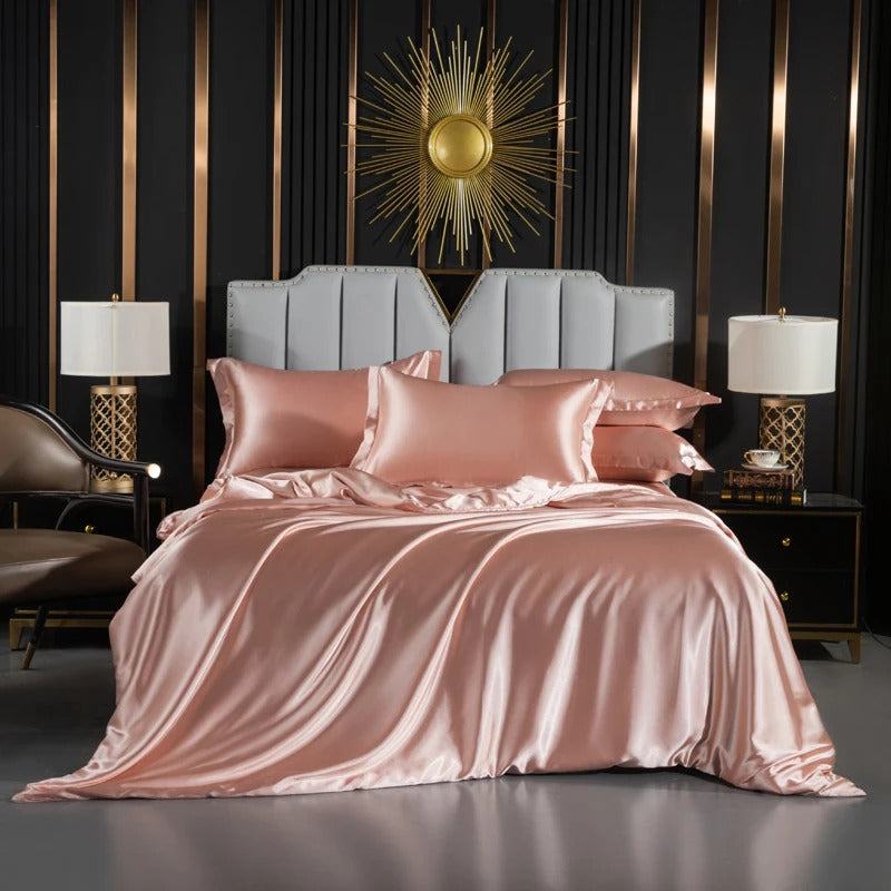 ANYHOUZ Bed Sheet Light Pink Natural Mulberry Silk Duvet Cover Set