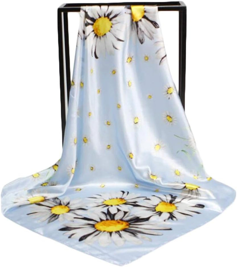 Anyyou Scarf for Women Blue Daisy Twill Silk Shawl Fashion Elegant High Quality for Spring Autumn Square Scarves 90*90cm
