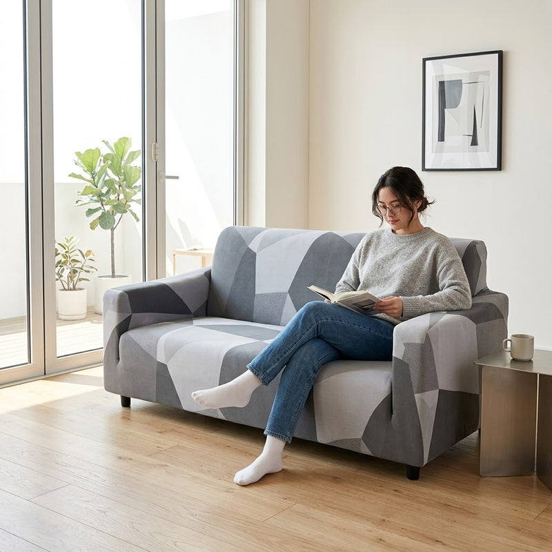 Anyseat White Gray Geometric Style Sofa Cover – Stretchable Slipcover for Living Room Chair Protection