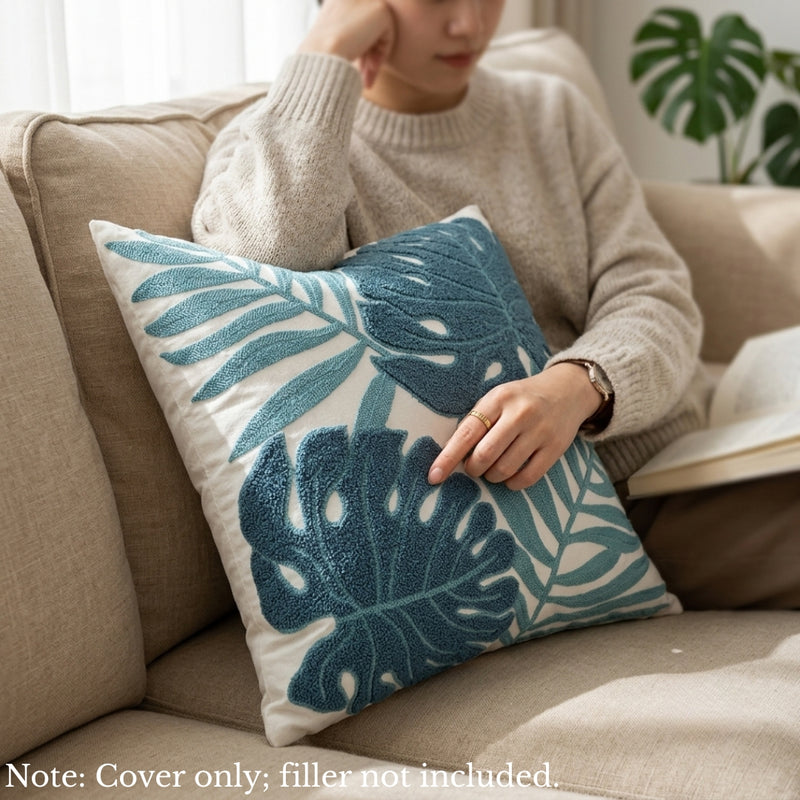 Anypillow Teal Blue Fern Leaves Embroidered Pillowcase Decorative Cushion Cover