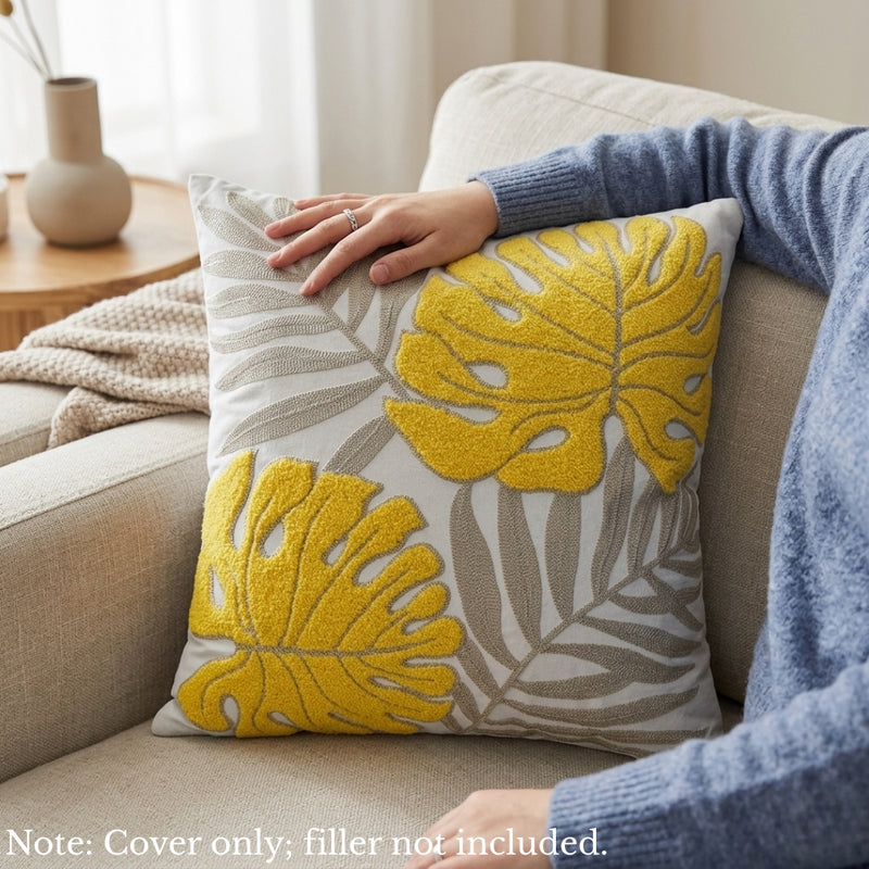 Anypillow Grey Yellow Fern Leaves Embroidered Pillowcase Decorative Cushion Cover