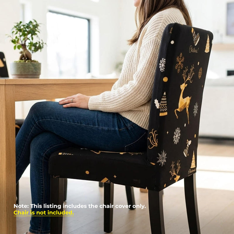 Anyseat Black with Christmas Gold Icon Design Chair Cover – Elastic Slipcover with Anti‑Dirt Protection for Dining Room, Kitchen, Wedding, Hotel, Banquet & Restaurant