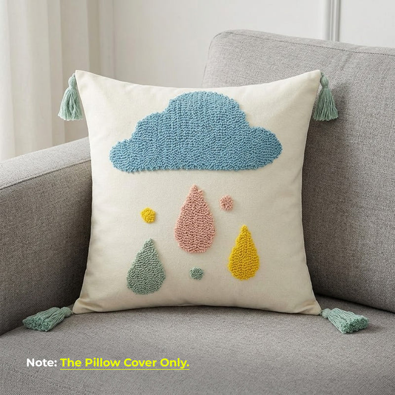 Anypillow White Rain Drop Tassel Tufted Embroidered Pillowcase Decorative Cushion Cover