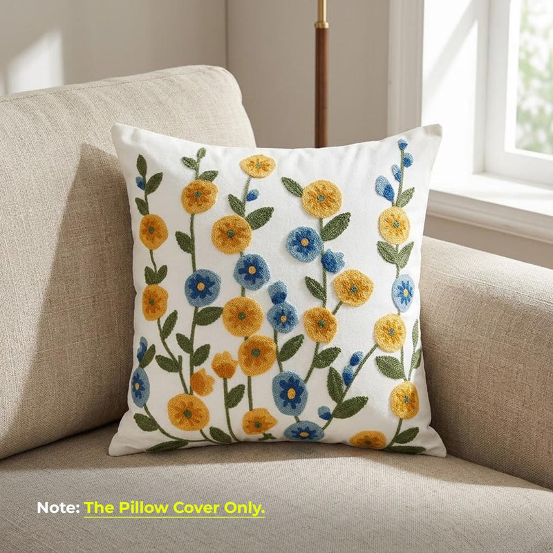 Anypillow White with Yellow Blue Floral Embroidered Pillowcase Decorative Cushion Cover