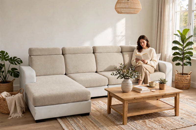Anyseat L‑Shape Sofa Cover Beige Chenille Polyester Thick Stretchable Cushion Protector for Living Room