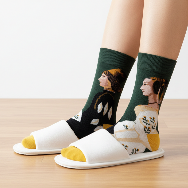 Anyfootwear 5 Pairs Size 5-9 Fashion Socks Combed Cotton Art Abstract King and Queen Oil Painting Novelty Happy Funny Christmas Gift for Women