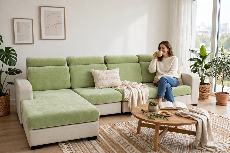 Anyseat L‑Shape Sofa Cover Mint Green Chenille Polyester Thick Stretchable Cushion Protector for Living Room