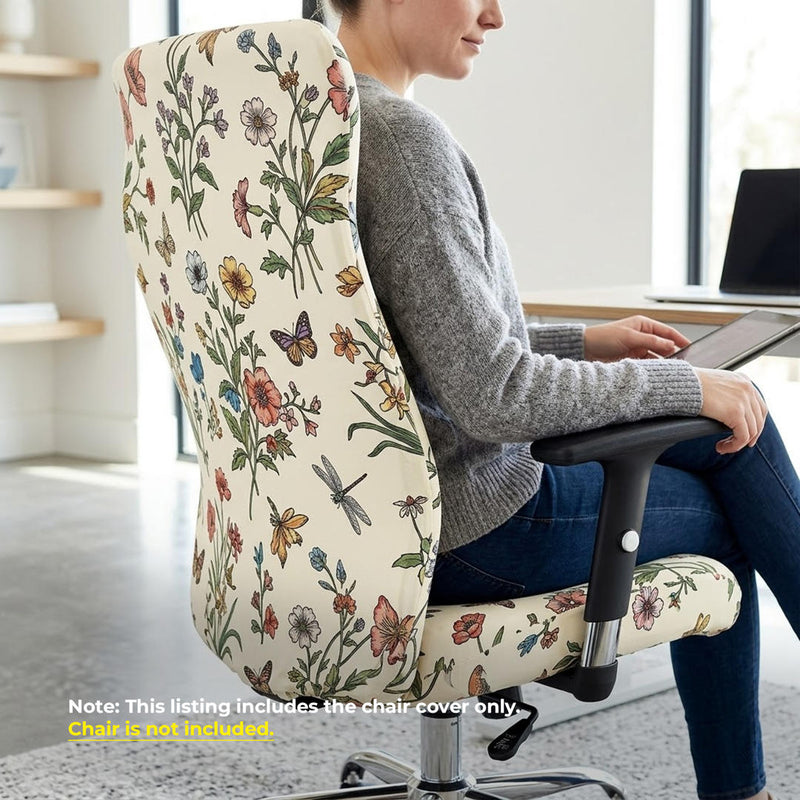 Anyseat Office Chair Cover –White Leafy Design, Medium Size, Non-Slip Rotating Seat Case with Universal Armrest Protector