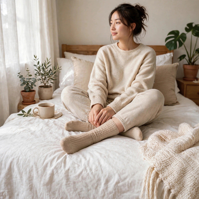 Anyfootwear  5 Pairs One Size 36-43  Beige Retro Long Knitted Socks Cotton Autumn Winter Solid Color Women Student Girls