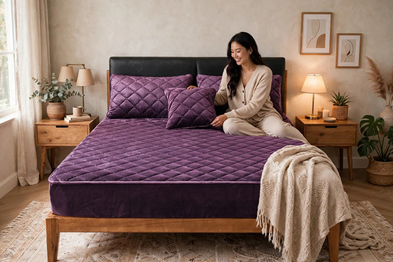 Anycozy Mattress Cover Dark Purple King Size Crystal Velvet Thicken Quilted Warm Soft Plush Bed Sheet