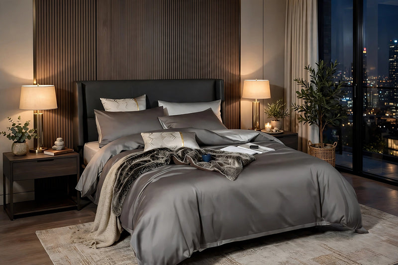 Anycozy UK King Bed Sheet Set – Deep Grey & Light Grey Ultra‑Soft Luxury Egyptian Cotton Bedding Cover, 4‑Piece Ensemble