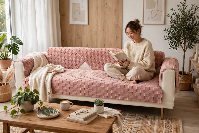 Anyseat Sofa Towel Super Soft Dark Pink Velvet Plush Non-slip Sectional Sofa Covers for Living Room Thick L-shape Couch Covers