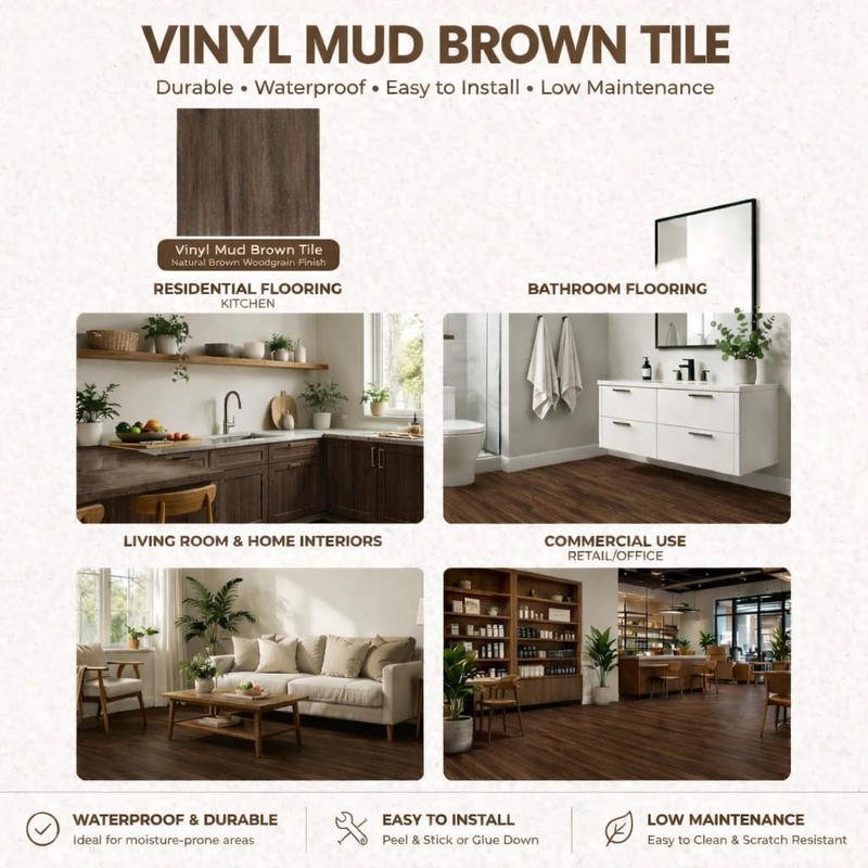 Anyhouz 10pcs Vinyl Wall Tiles – Mud Brown Design, Waterproof