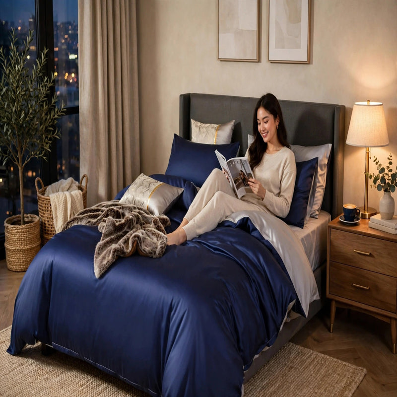 Anycozy Double Bed Sheet Set – Navy Blue & Light Grey Ultra‑Soft Luxury Egyptian Cotton Bedding Cover, 4‑Piece Ensemble