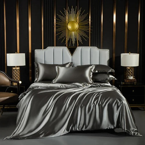 ANYHOUZ Bed Sheet Dust Grey Natural Mulberry Silk Duvet Cover Set