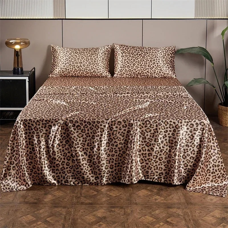 ANYHOUZ Bed Sheet Gold Leopard Print Satin Silk High End Fitted Flat Sheet