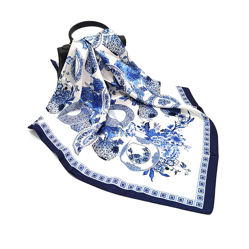Anyyou Scarf for Women Blue White Vase Satin Silk Shawl Fashion Accessories Chain Flowers Pattern Autumn Winter Scarves