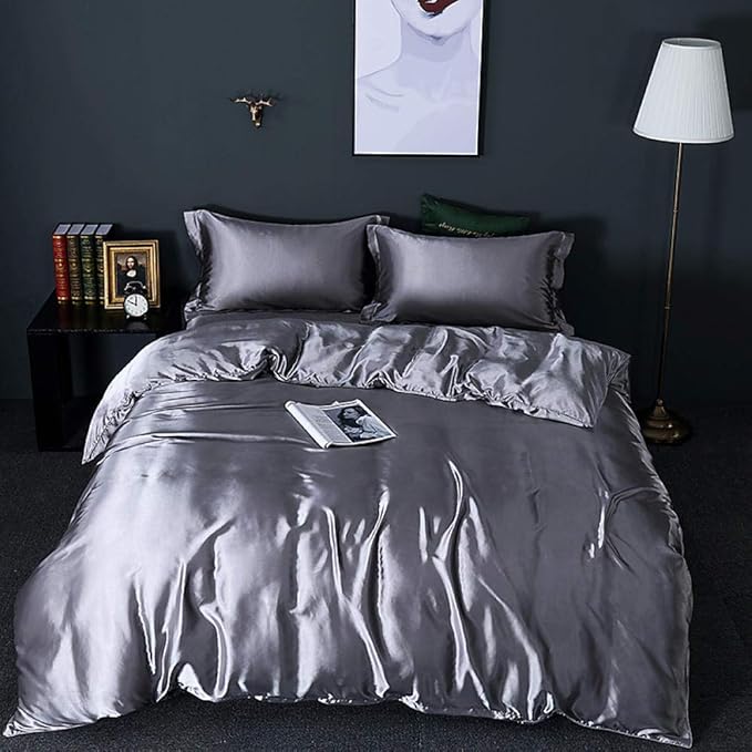 ANYHOUZ Bed Sheet Grey Natural Mulberry Silk Duvet Cover Set