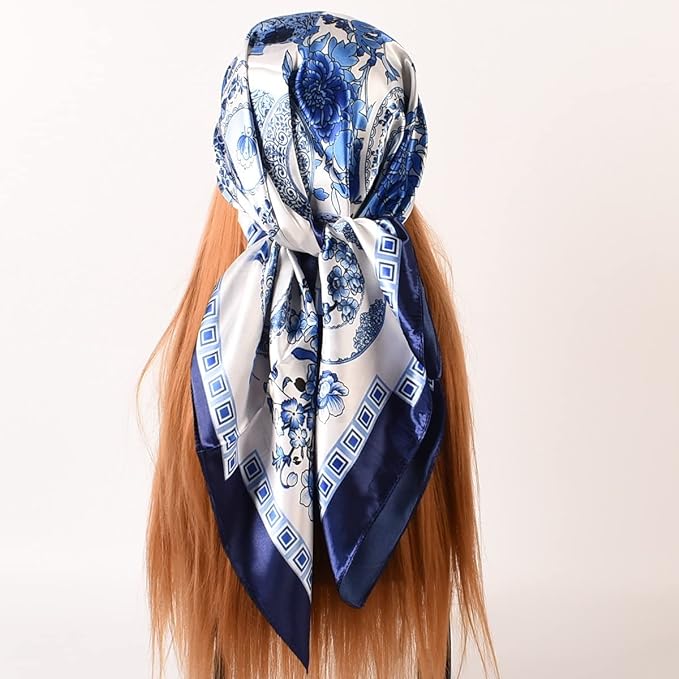 Anyyou Scarf for Women Blue White Vase Satin Silk Shawl Fashion Accessories Chain Flowers Pattern Autumn Winter Scarves