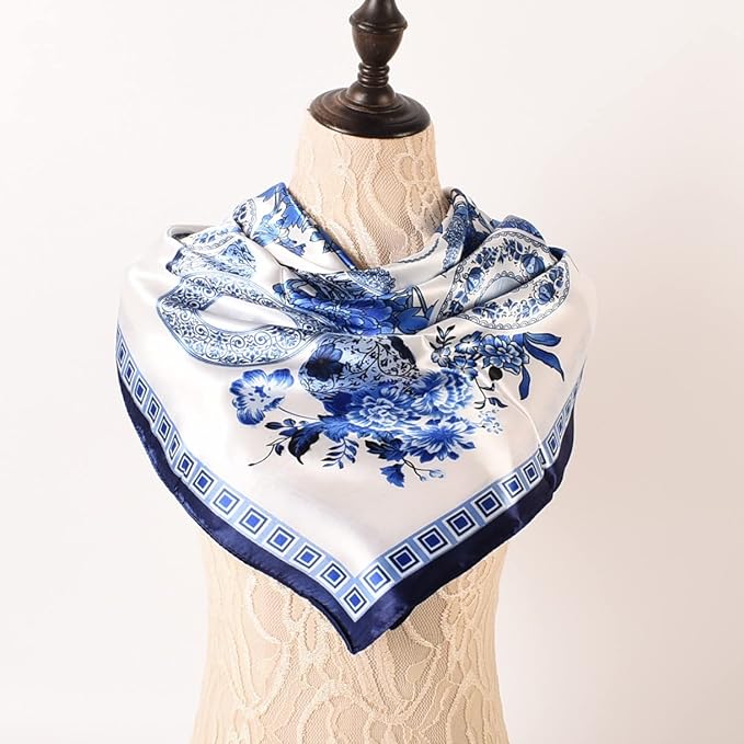 Anyyou Scarf for Women Blue White Vase Satin Silk Shawl Fashion Accessories Chain Flowers Pattern Autumn Winter Scarves