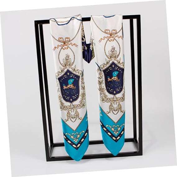 Anyyou Scarf for Women Elegant Lake Blue Satin Silk Shawl Fashion Accessories Chain Flowers Pattern Autumn Winter Scarves