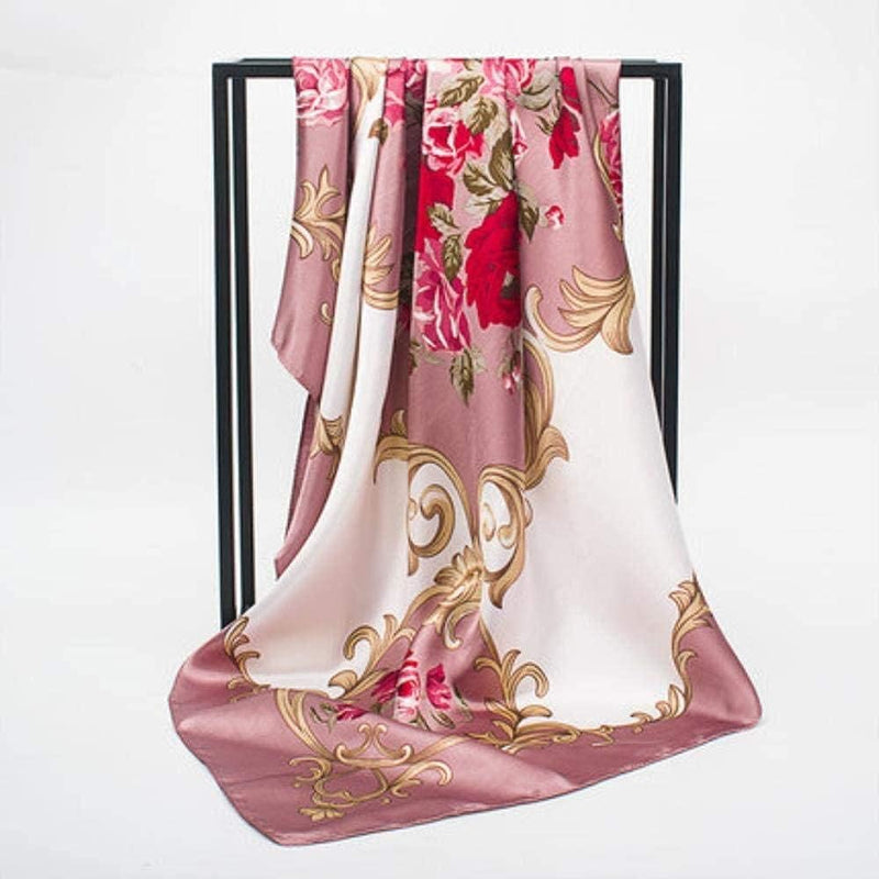 Anyyou Scarf for Women Roses Gardon Pink Satin Silk Shawl Fashion Accessories Chain Flowers Pattern Autumn Winter Scarves