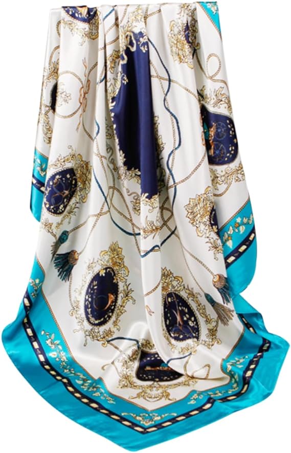 Anyyou Scarf for Women Elegant Lake Blue Satin Silk Shawl Fashion Accessories Chain Flowers Pattern Autumn Winter Scarves