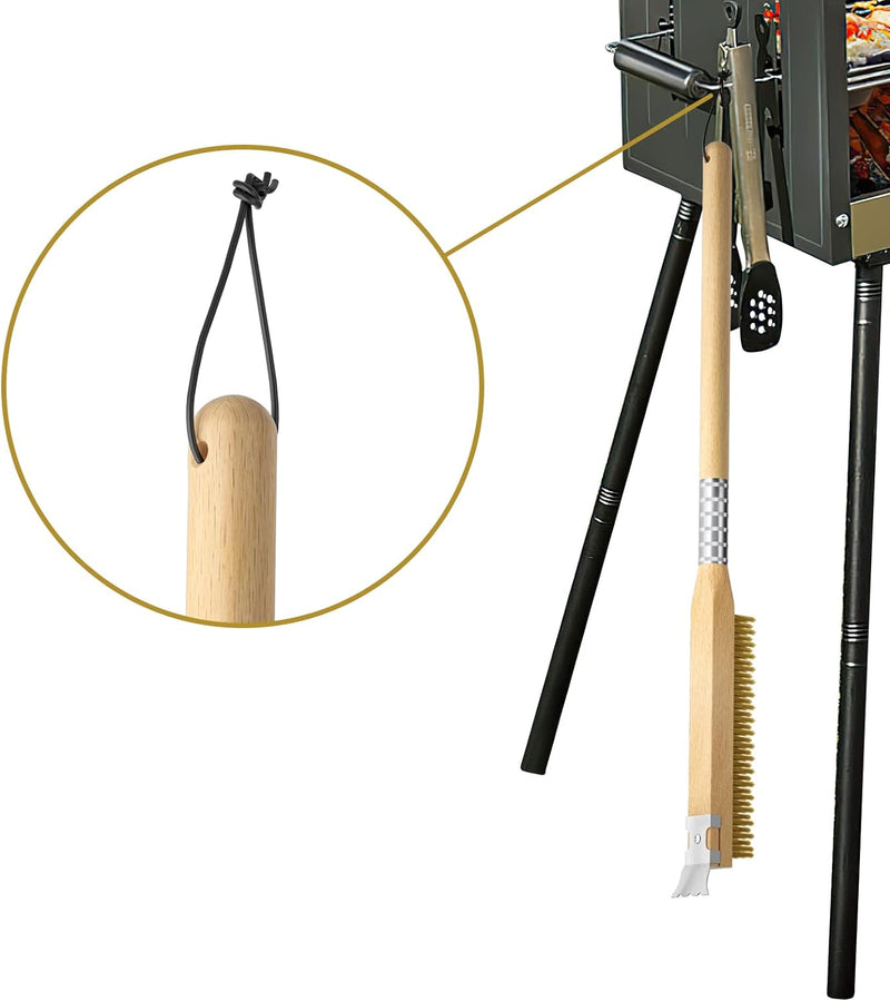 Anygleam Wooden 65cm Pizza Oven Copper Brush with Metal Scraper Tool Cleaning Accessories
