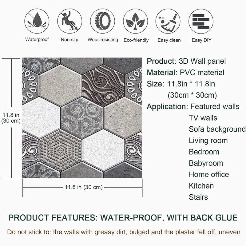ANYHOUZ 10pcs Grey Vinyl Wall Tile Honeycomb Art Pattern 3D Waterproof
