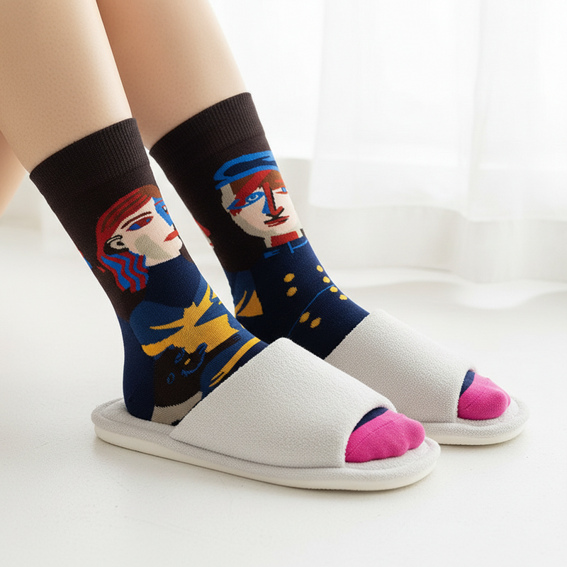 Anyfootwear 5 Pairs Size 5-9 Fashion Socks Combed Cotton Art Abstract Soldiers Oil Painting Novelty Happy Funny Christmas Gift for Women