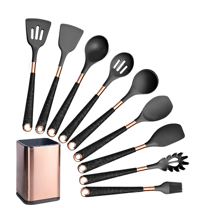 Anygleam Kitchen Utensils Non-stick Black 9 Set Gold Plated Handle with Support Point and Storage Box Cooking Tool Accessories Heat Resistant Kitchenware