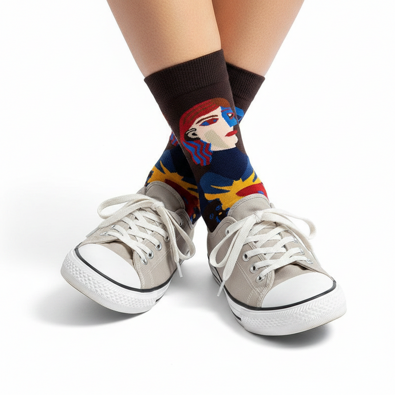 Anyfootwear 5 Pairs Size 5-9 Fashion Socks Combed Cotton Art Abstract Soldiers Oil Painting Novelty Happy Funny Christmas Gift for Women