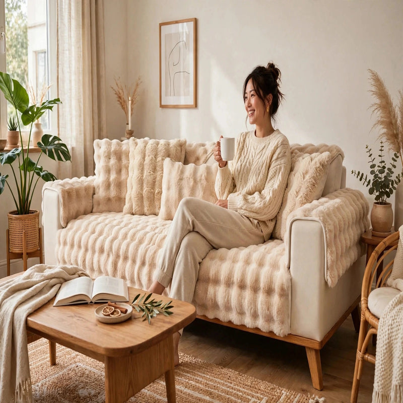 Anyseat Sofa Towel Super Soft Rabbit Plush Beige Thicken Bubble Velvet Non-slip Sectional Sofa Cover Non-slip L-shaped Couch Cover