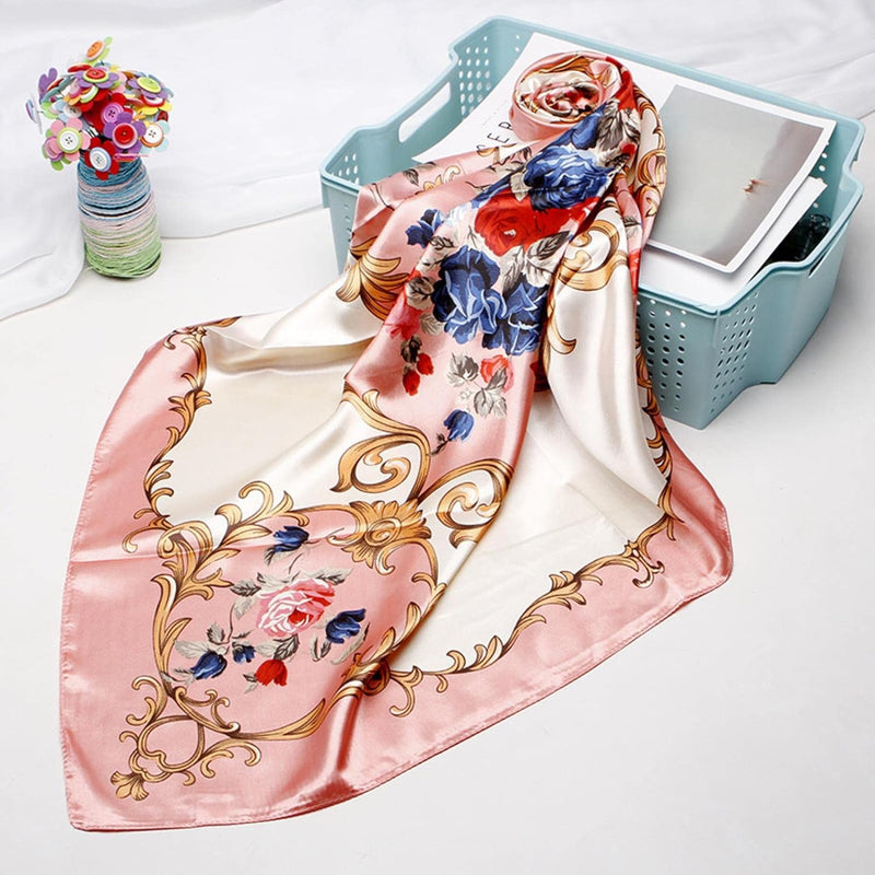 Anyyou Scarf for Women Roses Pink Gardon Printed Satin Silk Shawl Fashion Accessories Women Chain Flowers Pattern Autumn Winter Scarves