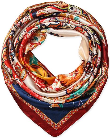 Anyyou Scarf for Women Red Beige Printed Satin Silk Shawl Fashion Accessories Chain Flowers Pattern Autumn Winter Scarves