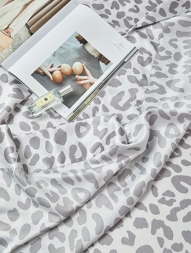 ANYHOUZ Bed Sheet Silver Leopard Print Satin Silk High End Fitted Flat Sheet