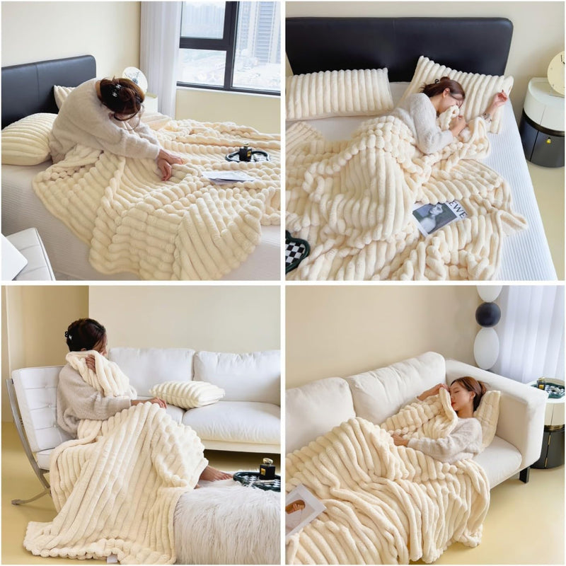 Anycozy Milky White Velvet Fluffy Coral Fleece Warm Sofa Blanket