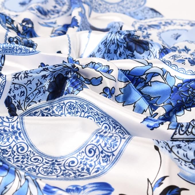 Anyyou Scarf for Women Blue White Vase Satin Silk Shawl Fashion Accessories Chain Flowers Pattern Autumn Winter Scarves