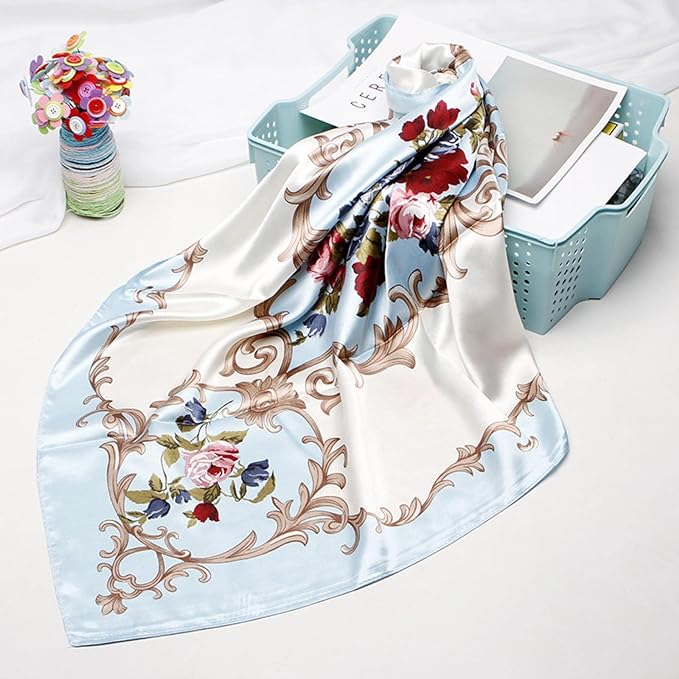 Anyyou Scarf for Women Rose Blue Floral Satin Silk Shawl Fashion Accessories Chain Flowers Pattern Autumn Winter Scarves