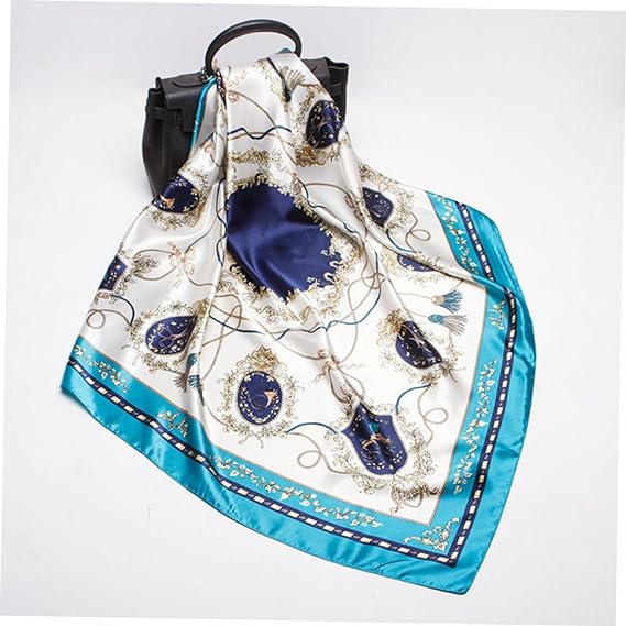 Anyyou Scarf for Women Elegant Lake Blue Satin Silk Shawl Fashion Accessories Chain Flowers Pattern Autumn Winter Scarves