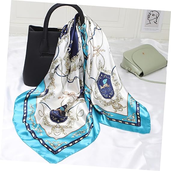 Anyyou Scarf for Women Elegant Lake Blue Satin Silk Shawl Fashion Accessories Chain Flowers Pattern Autumn Winter Scarves