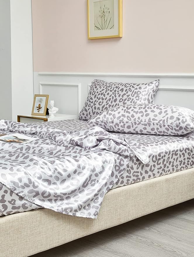 ANYHOUZ Bed Sheet Silver Leopard Print Satin Silk High End Fitted Flat Sheet