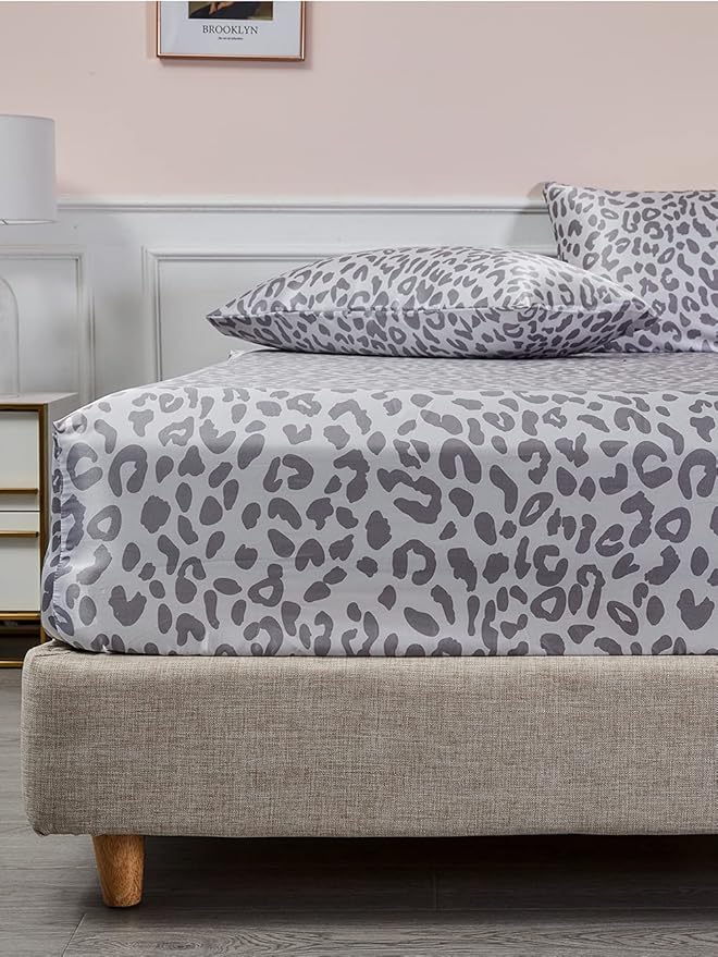 ANYHOUZ Bed Sheet Silver Leopard Print Satin Silk High End Fitted Flat Sheet