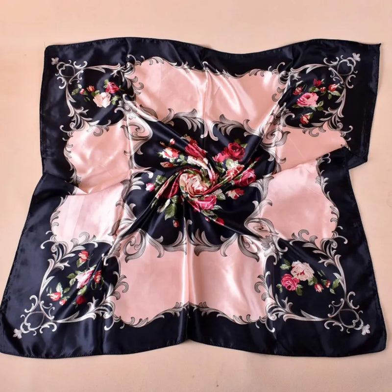 Anyyou Scarf for Women Navy Blue Gardon Floral Satin Silk Scarf Shawl Fashion Accessories Chain Flowers Pattern Autumn Winter Scarves