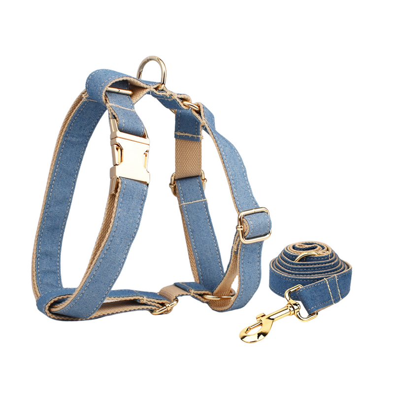 ANYWAGS Pet Harness Leash Denim Blue Cream Heavy Duty DIY Metal Dog Leash