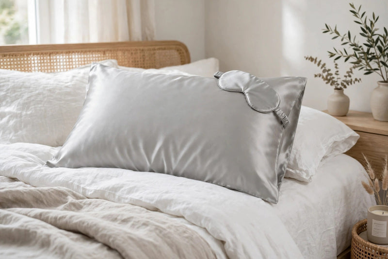 ANYHOUZ Pillowcase 51x66cm Light Gray Set with Eye Mask Natural Mulberry Silk for Comfortable and Relaxing Home Bed