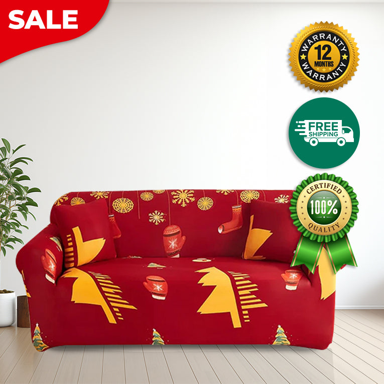 Anyseat Sofa Cover Red Plaid Christmas Tree Bells Design Non Slip Stretchable Slipcover