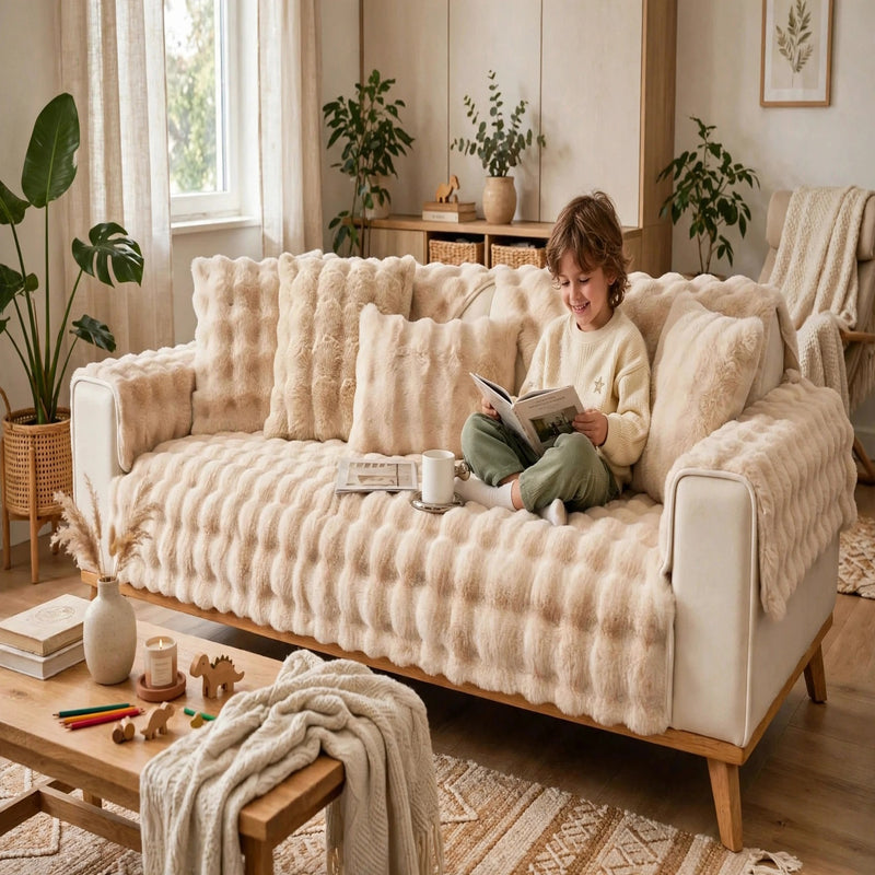 Anyseat Sofa Towel Super Soft Rabbit Plush Beige Thicken Bubble Velvet Non-slip Sectional Sofa Cover Non-slip L-shaped Couch Cover