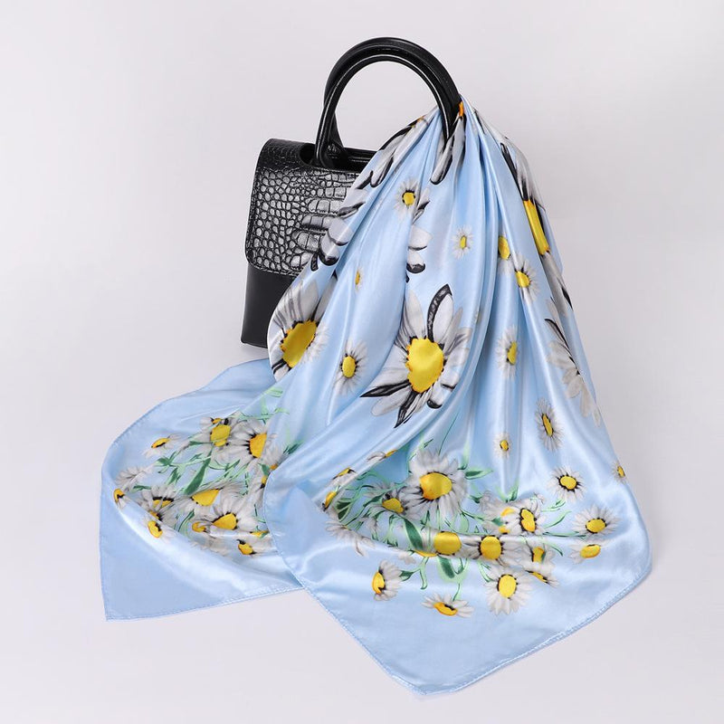 Anyyou Scarf for Women Blue Daisy Twill Silk Shawl Fashion Elegant High Quality for Spring Autumn Square Scarves 90*90cm